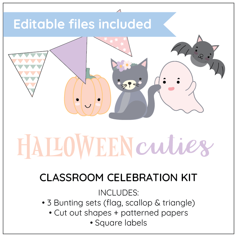 Halloween-themed classroom celebration kit with cute illustrations of a cat, pumpkin, and ghost on a white background.
