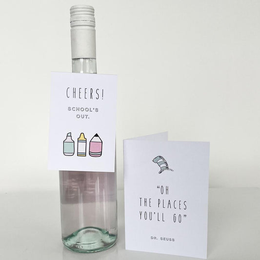 Wine label and greeting card in a teacher appreciation theme.