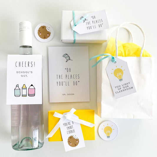 An array of gifts and presents for students decorated in a you light up the classroom theme.