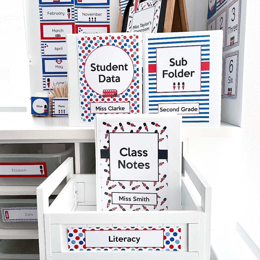 British themed folders in a white teacher trolley with supplies and labels on a white shelf.