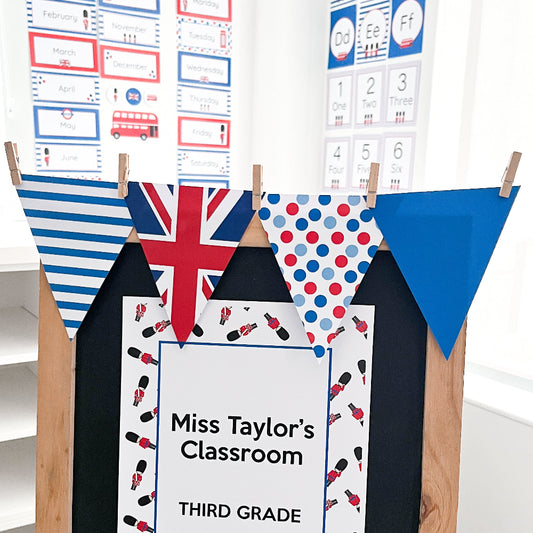 Classroom decor with British flag, bunting, and 'Miss Taylor's Classroom' sign.
