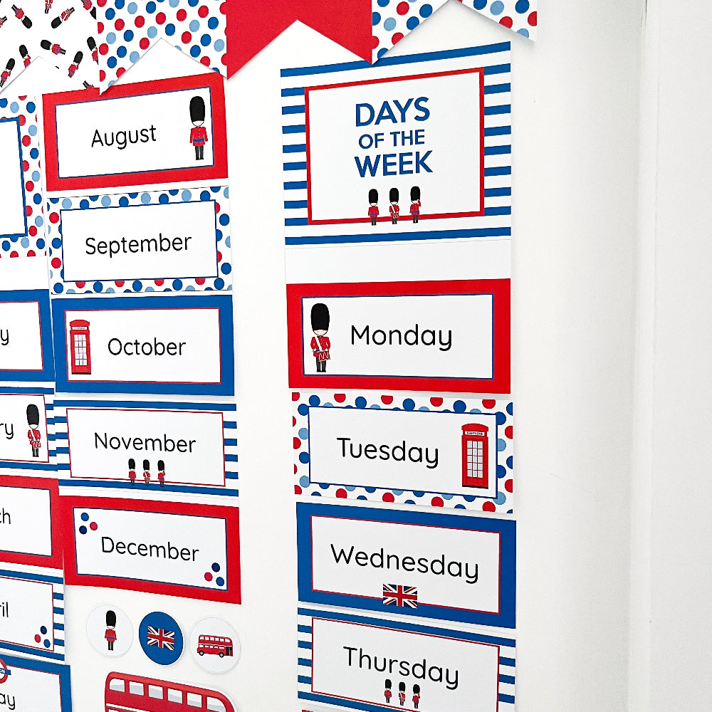 Educational chart with days of the week labels in a British-themed design.