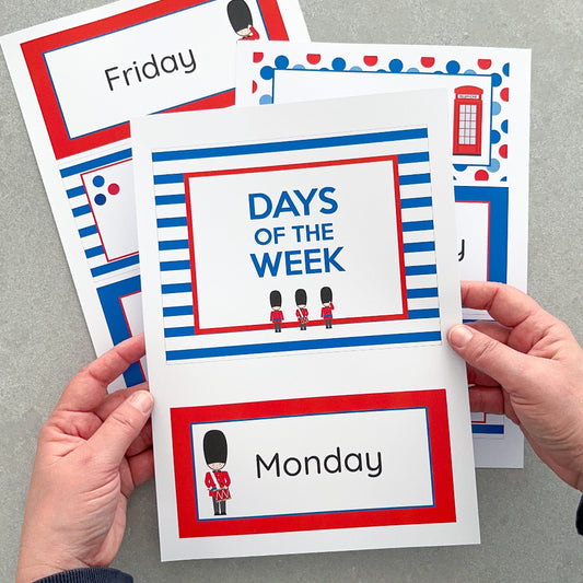 Children's classroom educational cards with days of the week on a grey background