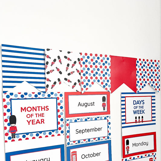 Educational posters with months of the year, days of the week, and British-themed graphics on a white background.