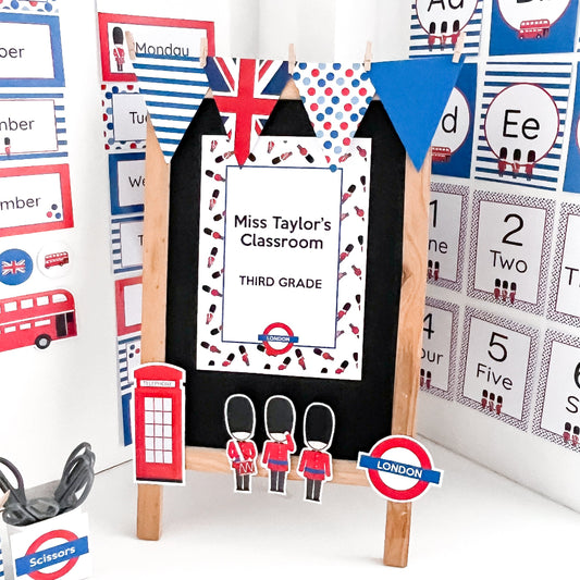 Decorative classroom sign with 'Miss Taylor's Classroom Third Grade' text, surrounded by British-themed decorations.