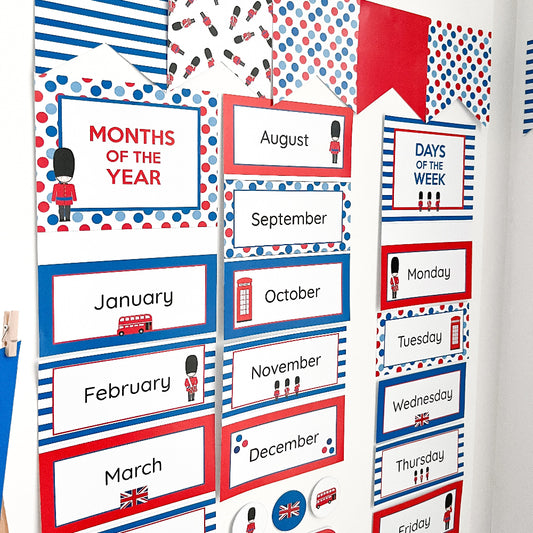 Educational posters with months of the year and days of the week in a British-themed design.