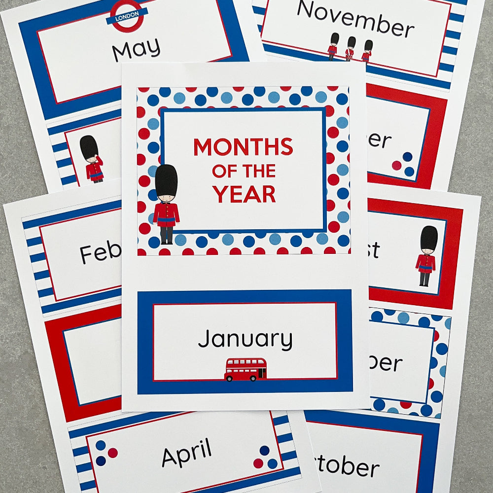 British themed educational cards with months of the year labels on a grey background