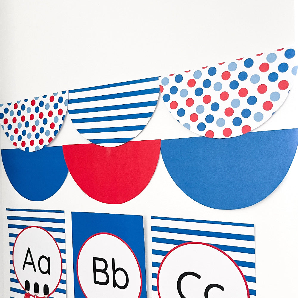 Classroom bunting with red, white, and blue patterns and letters A, B, and C.