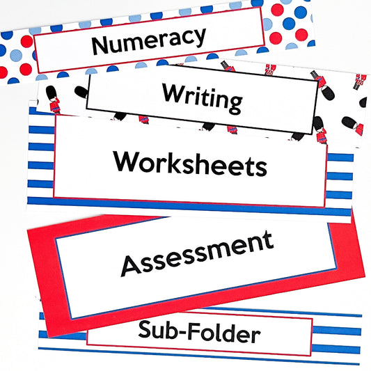Collection of labels for Numeracy, Writing, Worksheets, Assessment, and Sub-Folder on a white background.
