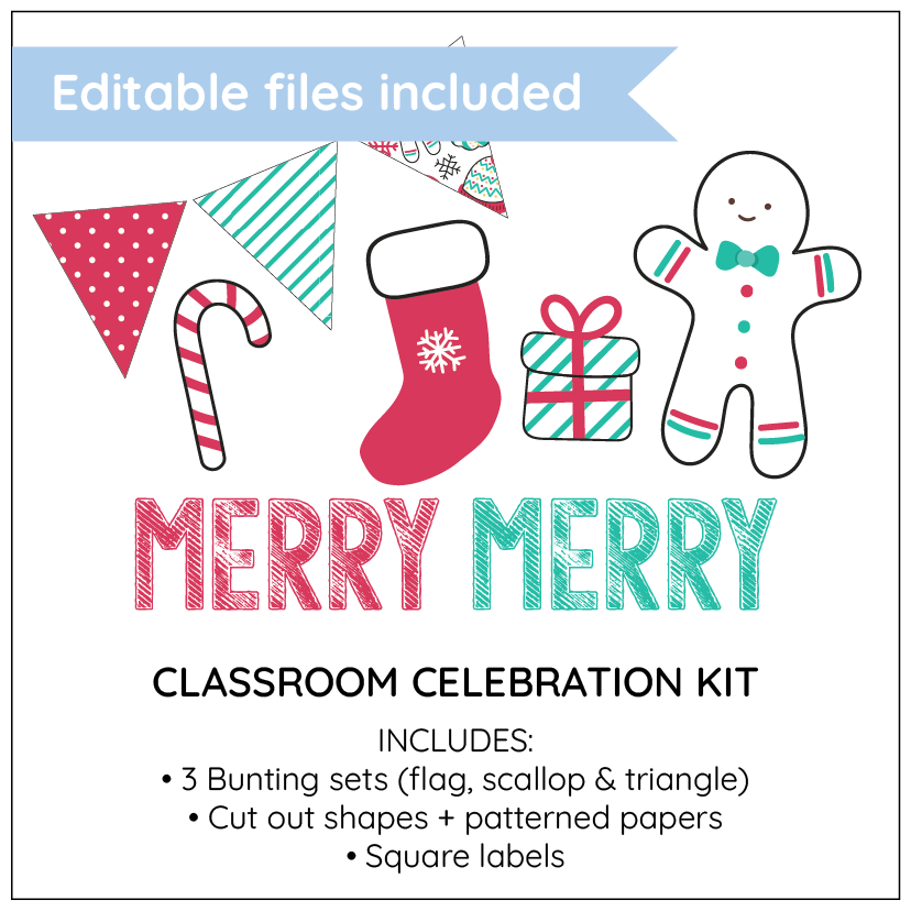 Classroom celebration kit with Christmas-themed elements on a white background