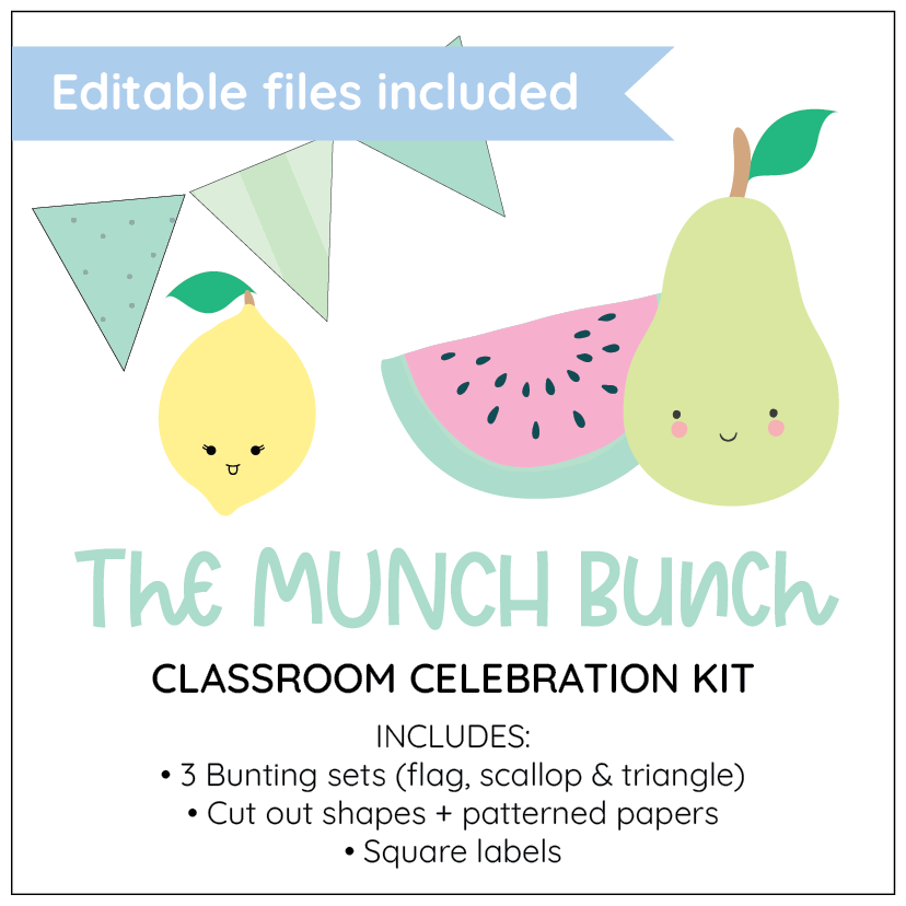 Classroom celebration kit with cute fruits and editable files included, featuring a lemon, watermelon, and pear.