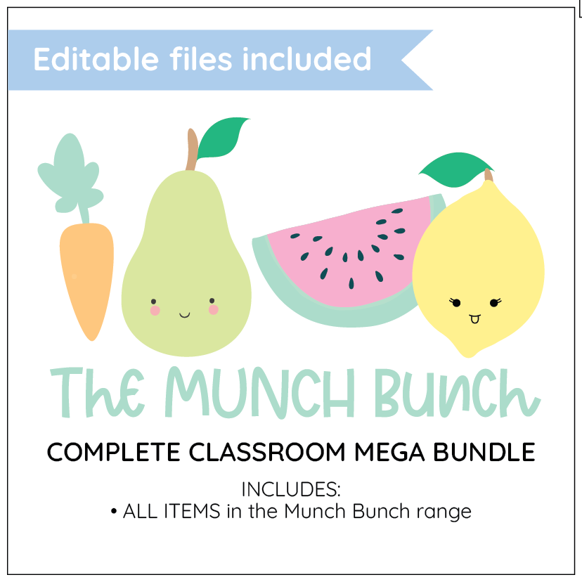 Promotional graphic for 'The Munch Bunch' complete classroom mega bundle with cartoon fruits and vegetables.