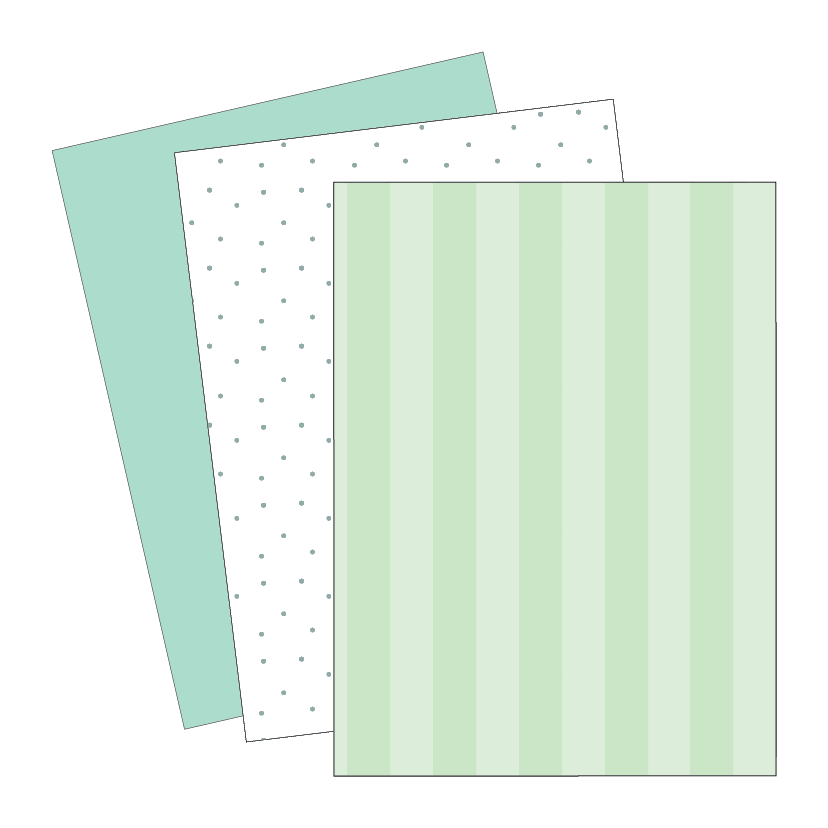 Three sheets of paper with different green patterns on a white background
