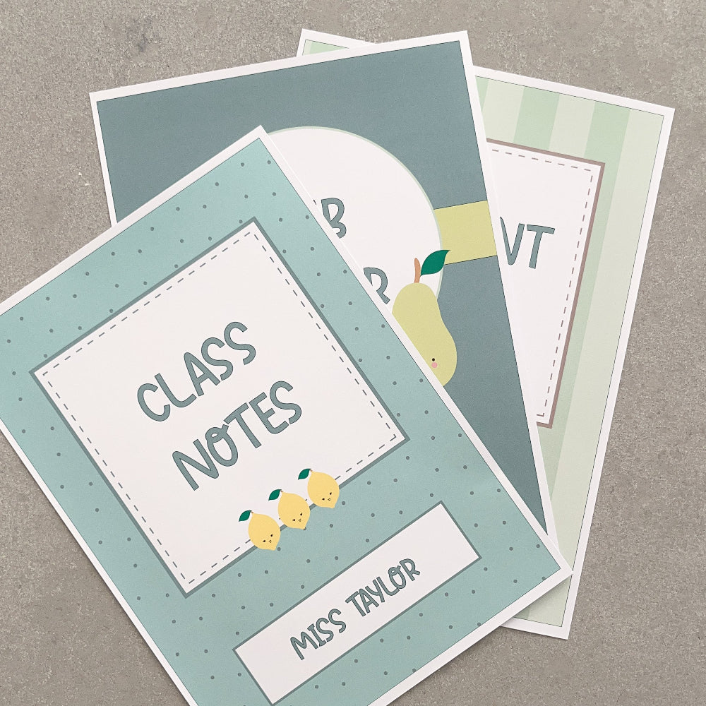 Educational card with 'Class Notes' text and decorative elements on a gray background