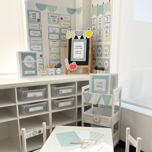 Educational classroom setup with whiteboard, chairs, and storage shelves.