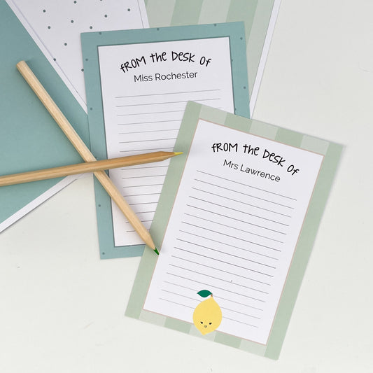 Two note paper sheets with personalised text on a light background.
