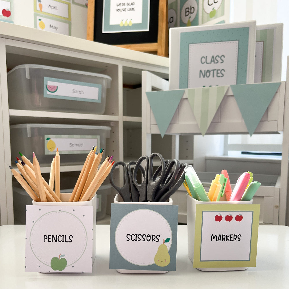 Stationery items including pencils, scissors, and markers in labeled containers on a shelf.