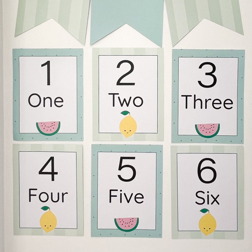 Classroom educational number cards displayed on white wall.