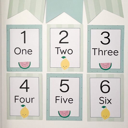 Classroom educational number cards displayed on white wall.