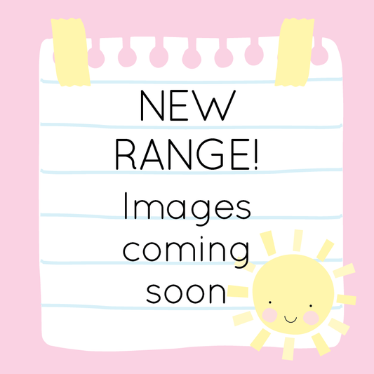 Notebook page with 'New Range! Images coming soon' text and a smiling sun on a pink background