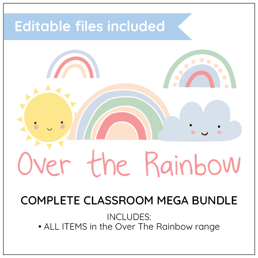 Promotional graphic for 'Over the Rainbow' classroom bundle with rainbows, sun, and cloud illustrations.