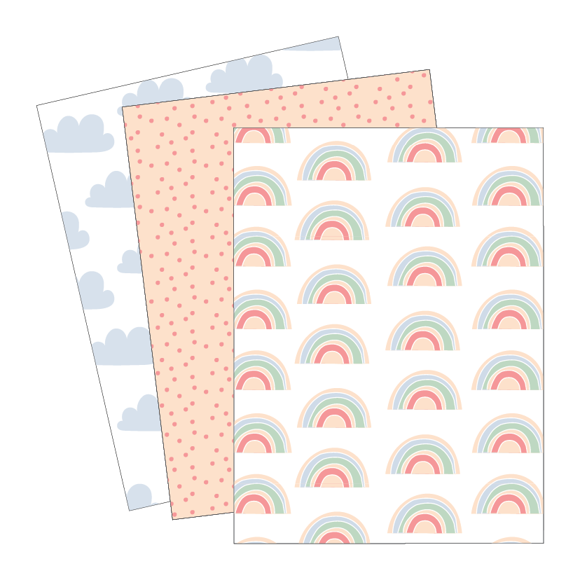 Three sheets of paper with different patterns: clouds, polka dots, and rainbows.