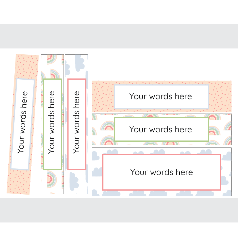 Set of customizable name labels with colorful designs on a white background