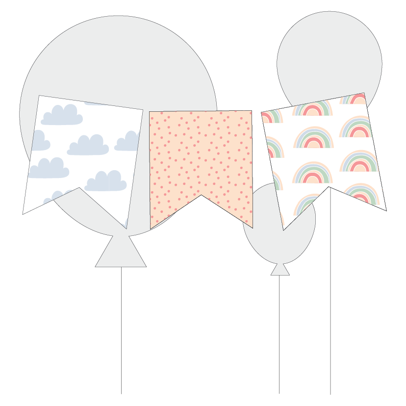 Three decorative flags with different patterns on a white background