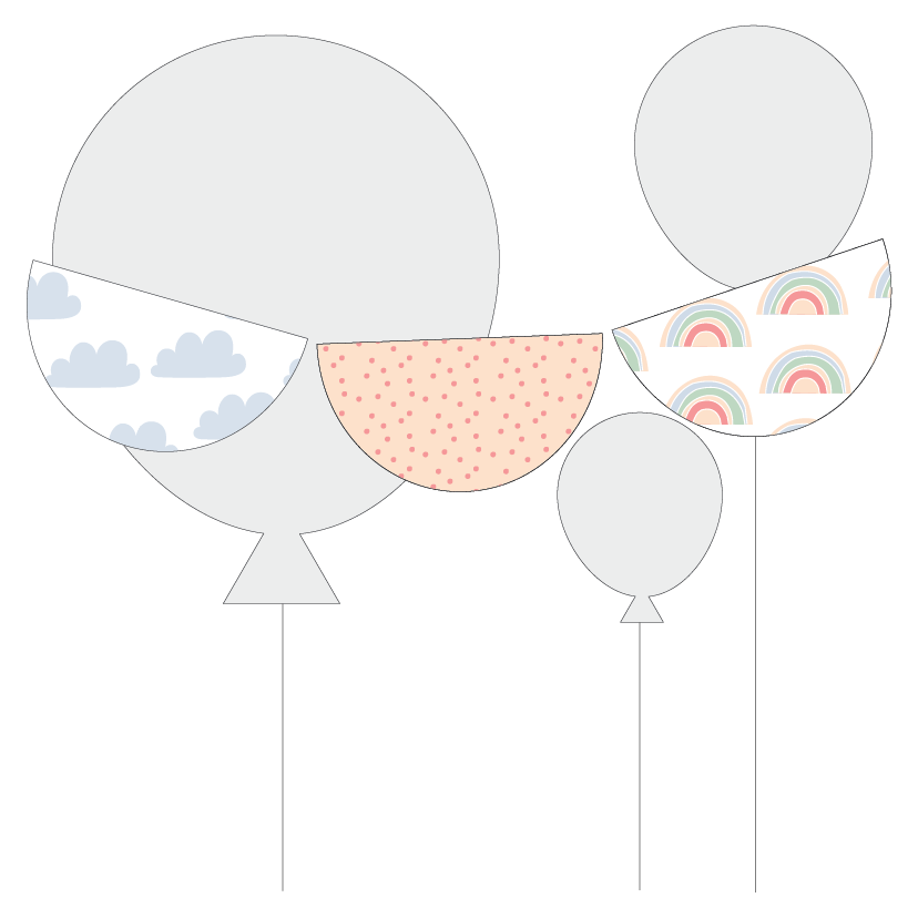 Scalloped bunting flags with cloud, polka dot, and rainbow patterns on a white background