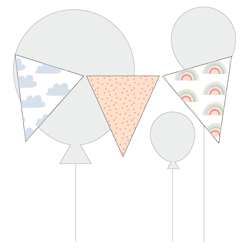 Decorative triangle bunting flags with various rainbow and cloud patterns on a white background