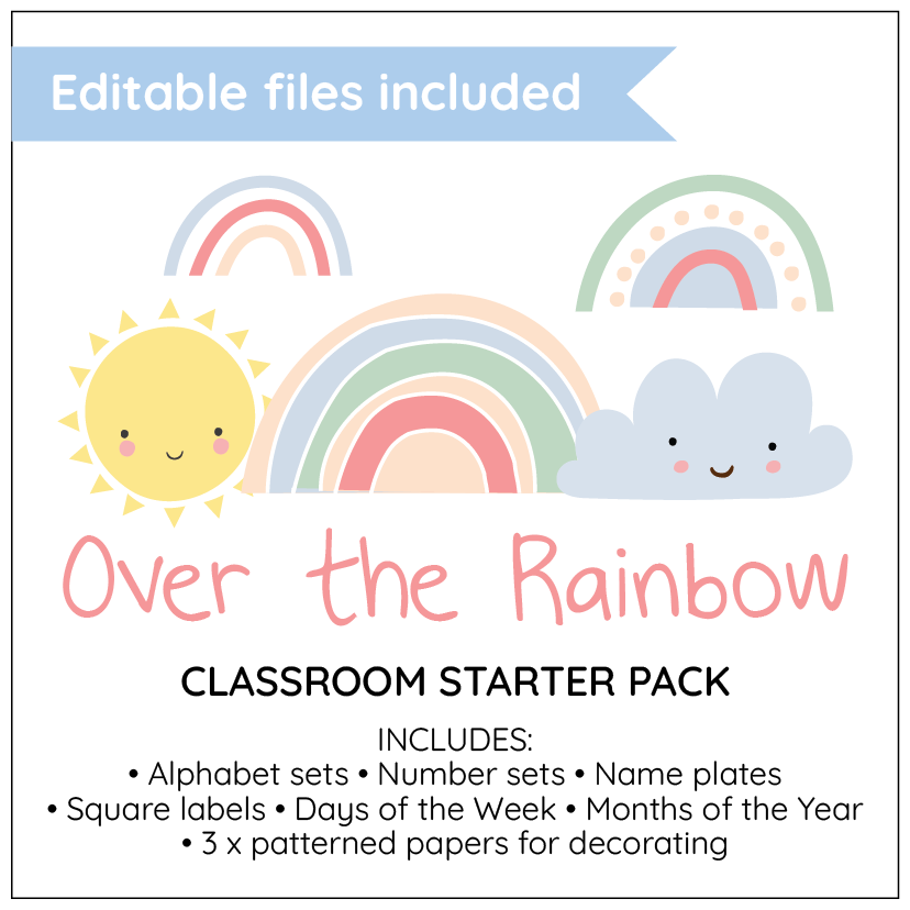 Classroom starter pack with rainbow, sun, and cloud design on a white background
