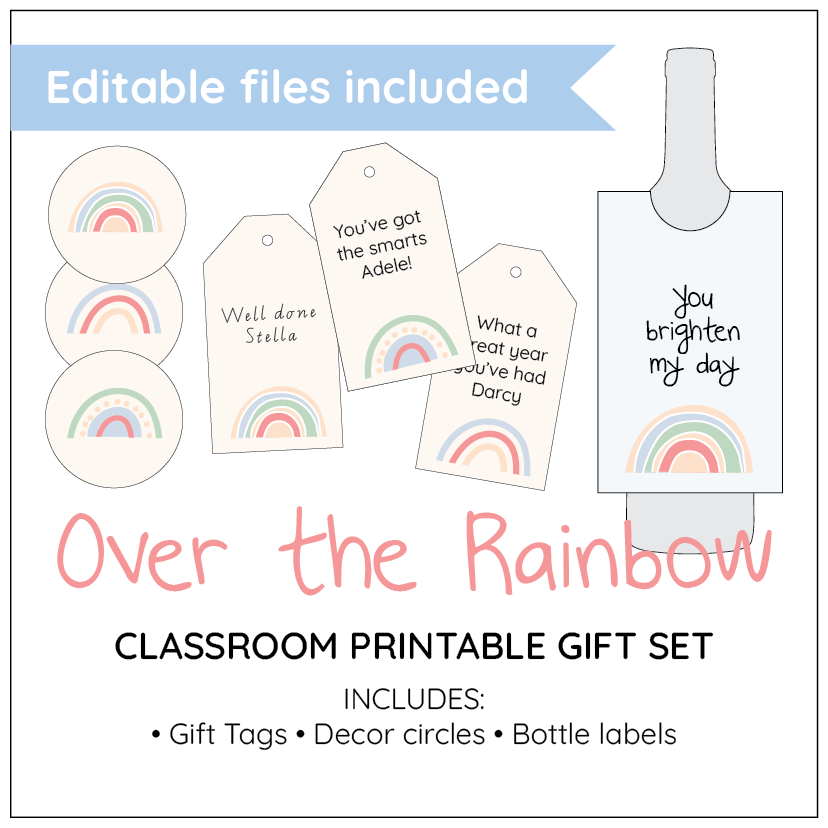 Classroom printable gift set with rainbow-themed tags and circles on a white background.