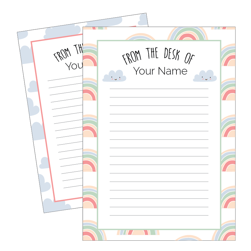 Two stationery note paper sheets with rainbow and cloud designs on a white background