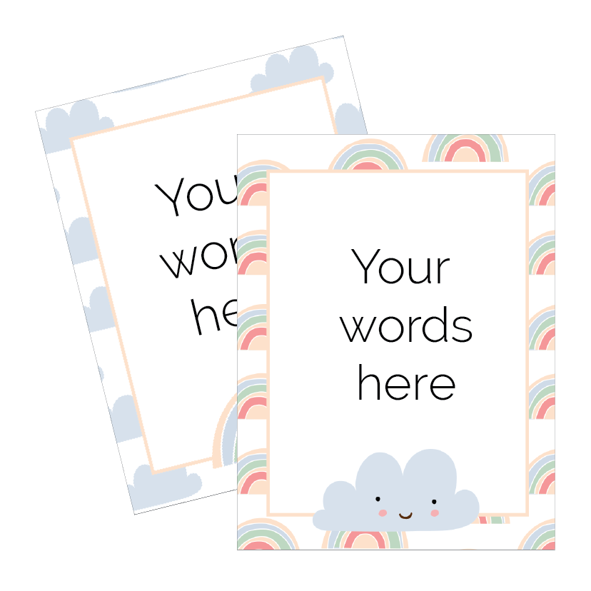 Two decorative cards with rainbow and cloud designs on a white background