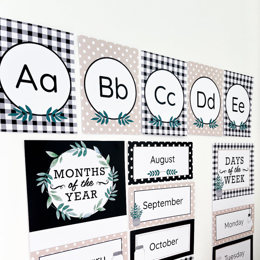 Educational posters with letters, months of the year, and days of the week on a white background.