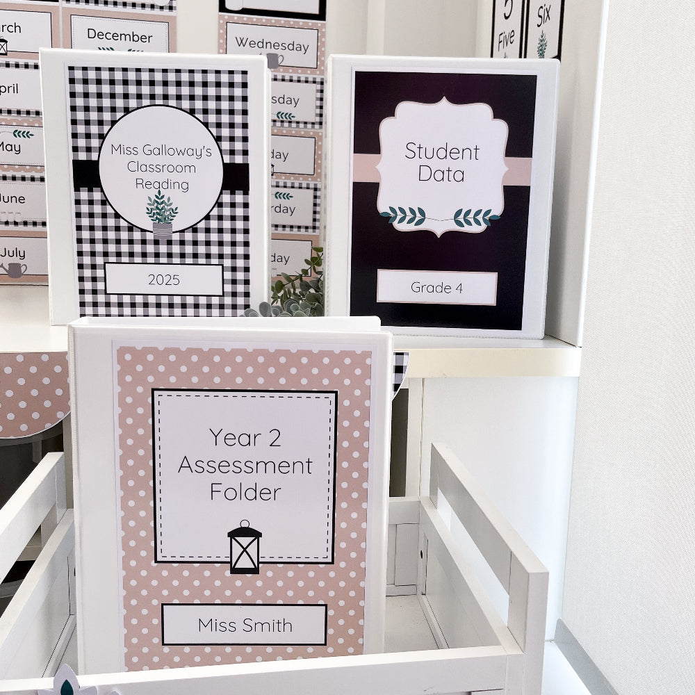 Assessment teacher folders with personalised labels on a shelf in classroom.