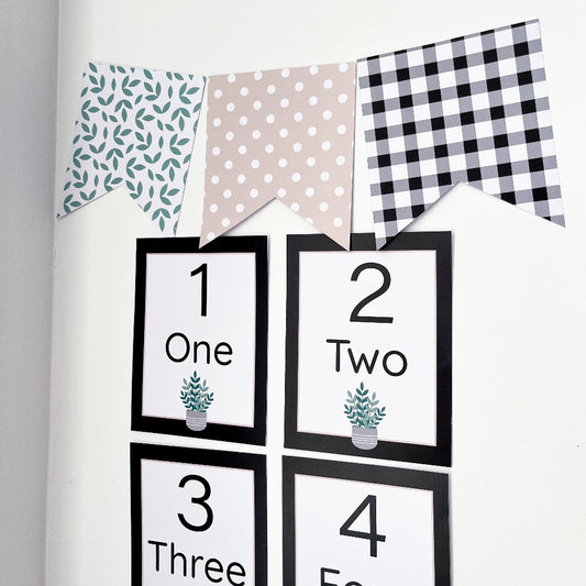 Black and white numbers are displayed on white wall with a set of bunting flags hanging over the top.