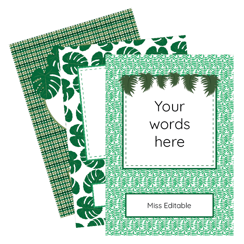 Notebook with green leaf pattern and customisable text area on a white background