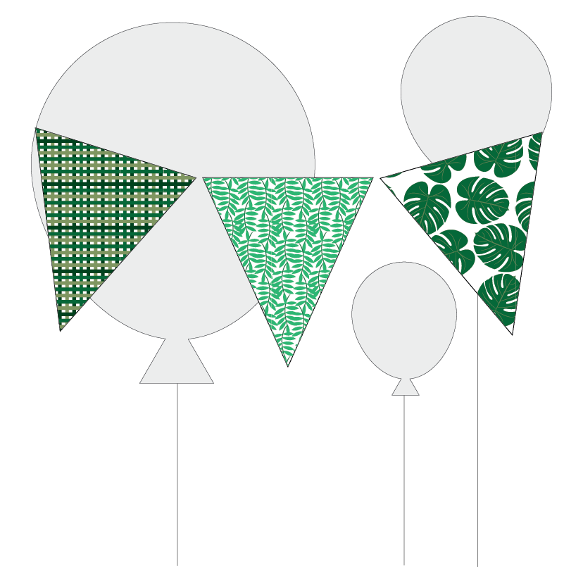 Decorative leaf elements with green patterned flags on white background