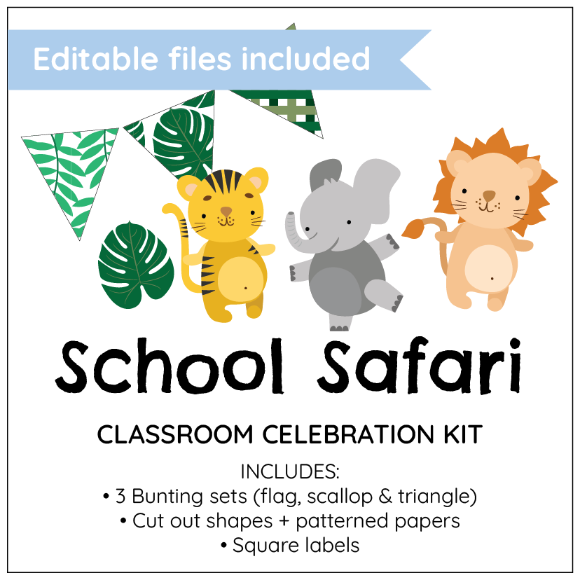 School Safari Classroom Celebration Kit with animals and bunting on a white background