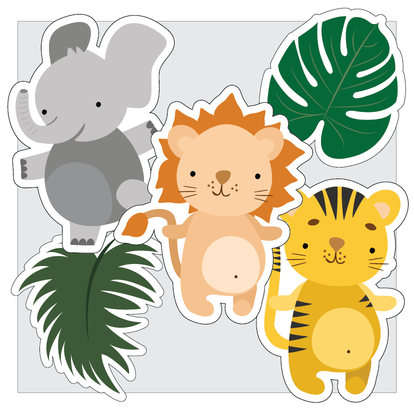 Set of cartoon animal bulletin board accents including an elephant, lion, and tiger with leaves on a light grey background.