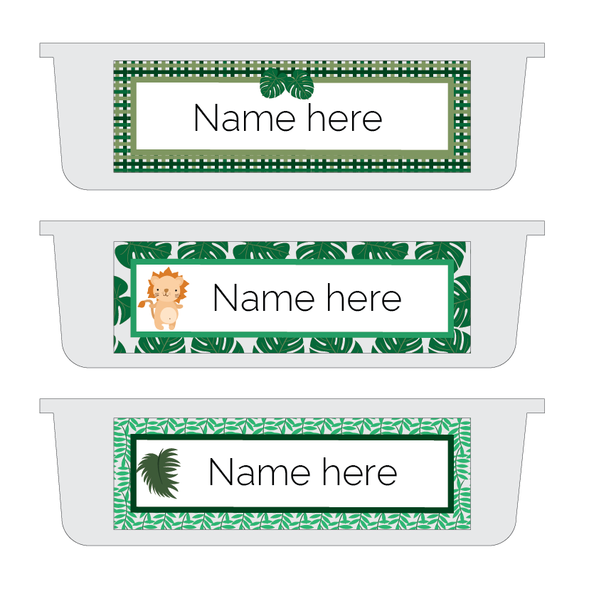 Three name labels with green leaf designs and 'Name here' text on a white background.