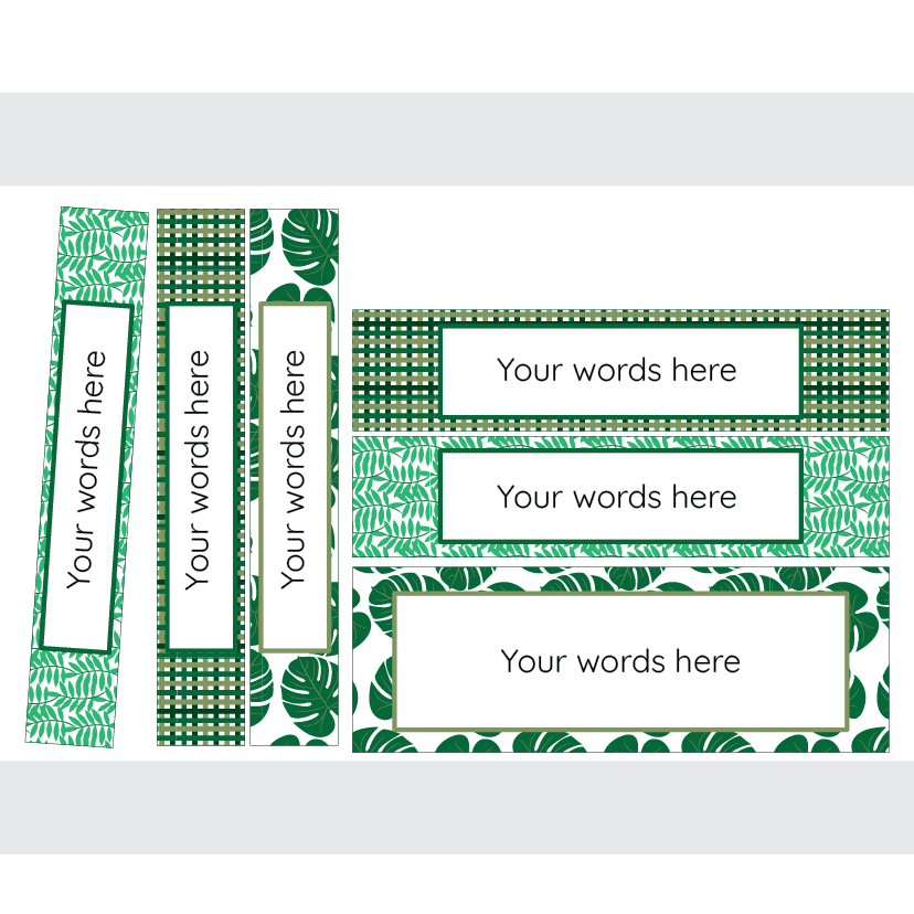 Set of customisable binder labels with green leaf patterns on a white background