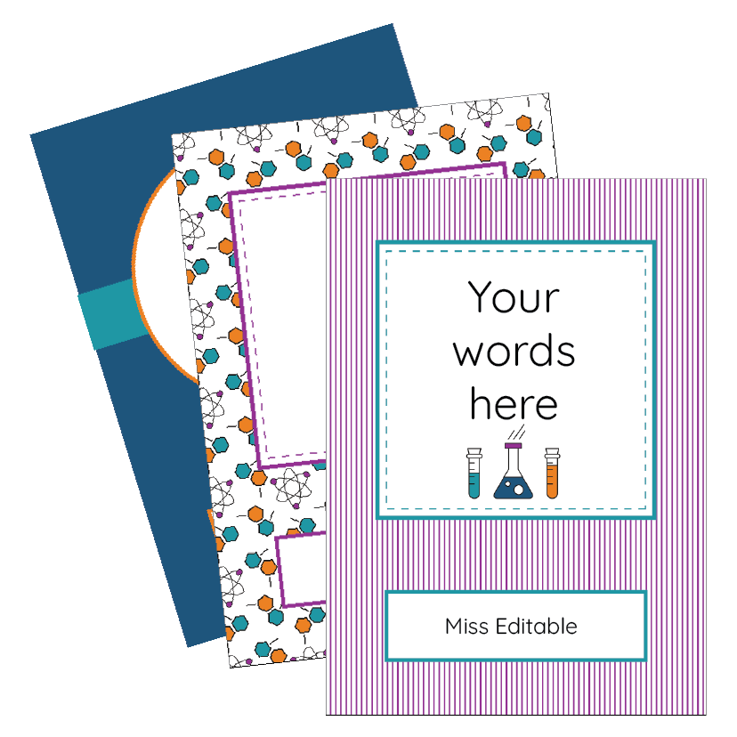 Decorative notebook cover with customisable text area and science-themed design.