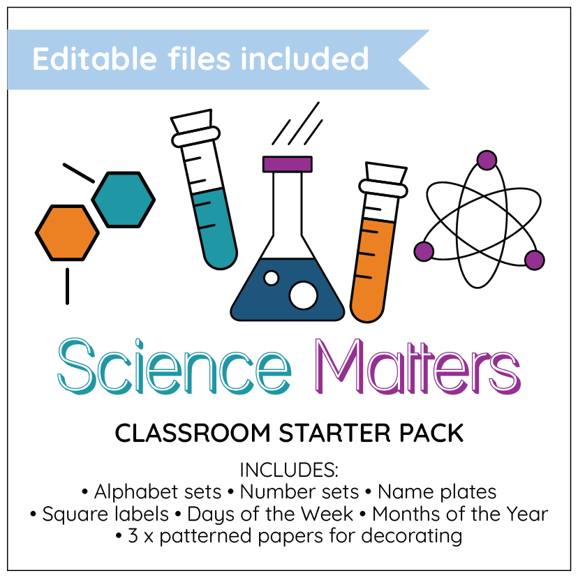 Science-themed classroom starter pack with editable files on a white background