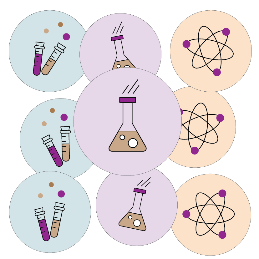 Set of circular stickers with scientific symbols including test tubes and atoms on a white background.