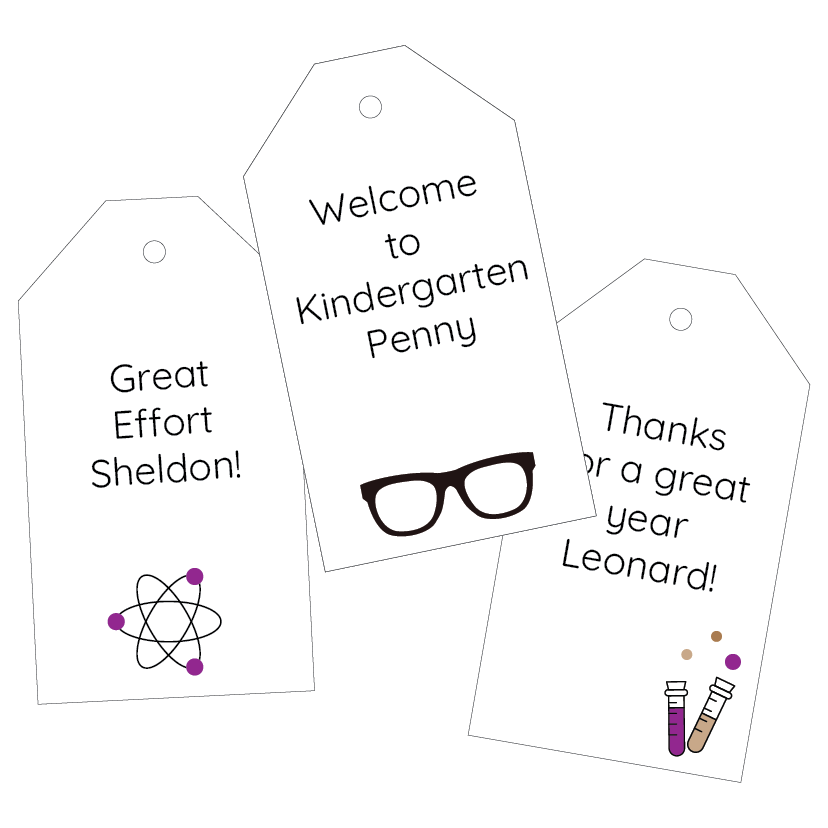 Three personalised gift tags with different messages and science graphics on a white background.