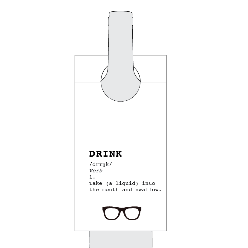 Grey bottle with black text and glasses icon on a white background