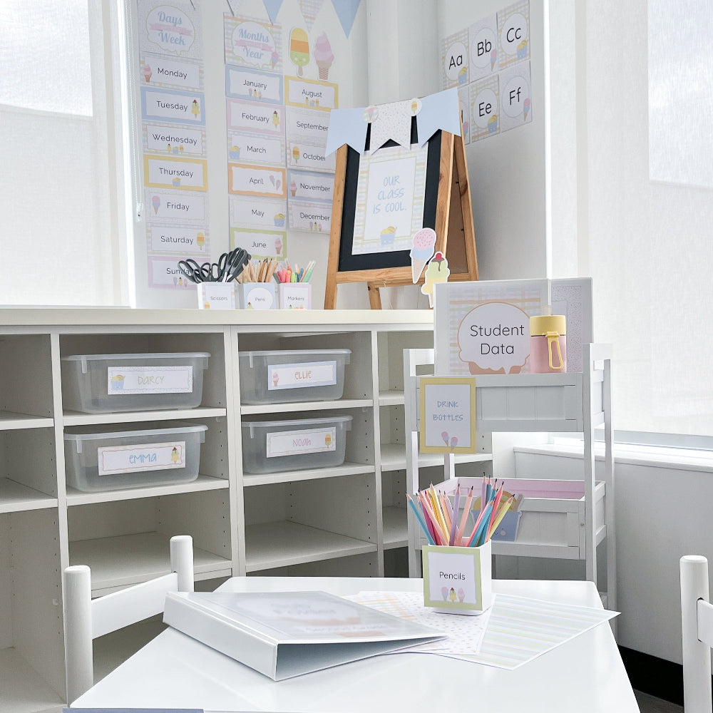 Educational classroom setup with tables, chairs, and storage shelves.