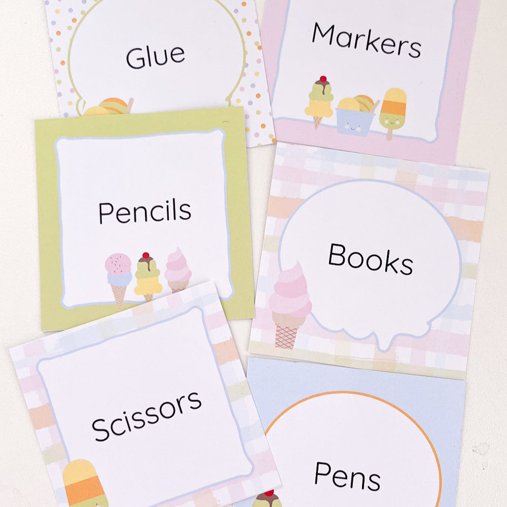 Set of classroom supply labels with cartoon ice cream characters on a light background